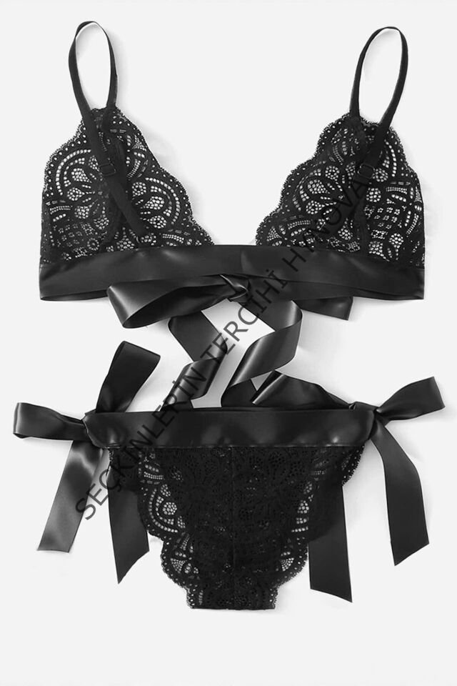 Kadın Siyah Kurdelalı Ve Dantelli Sütyen Külot Takımı – Modern, Konforlu ve Günlük Kombinlere Uygun