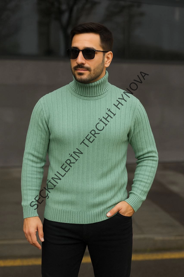 Erkek Balıkcı Yaka Bağazlı Triko Kazak Pamuklu Kalın Fitilli Dokuma, Regular Fit Uzun Kollu Kışlık Model - Mint Yeşili