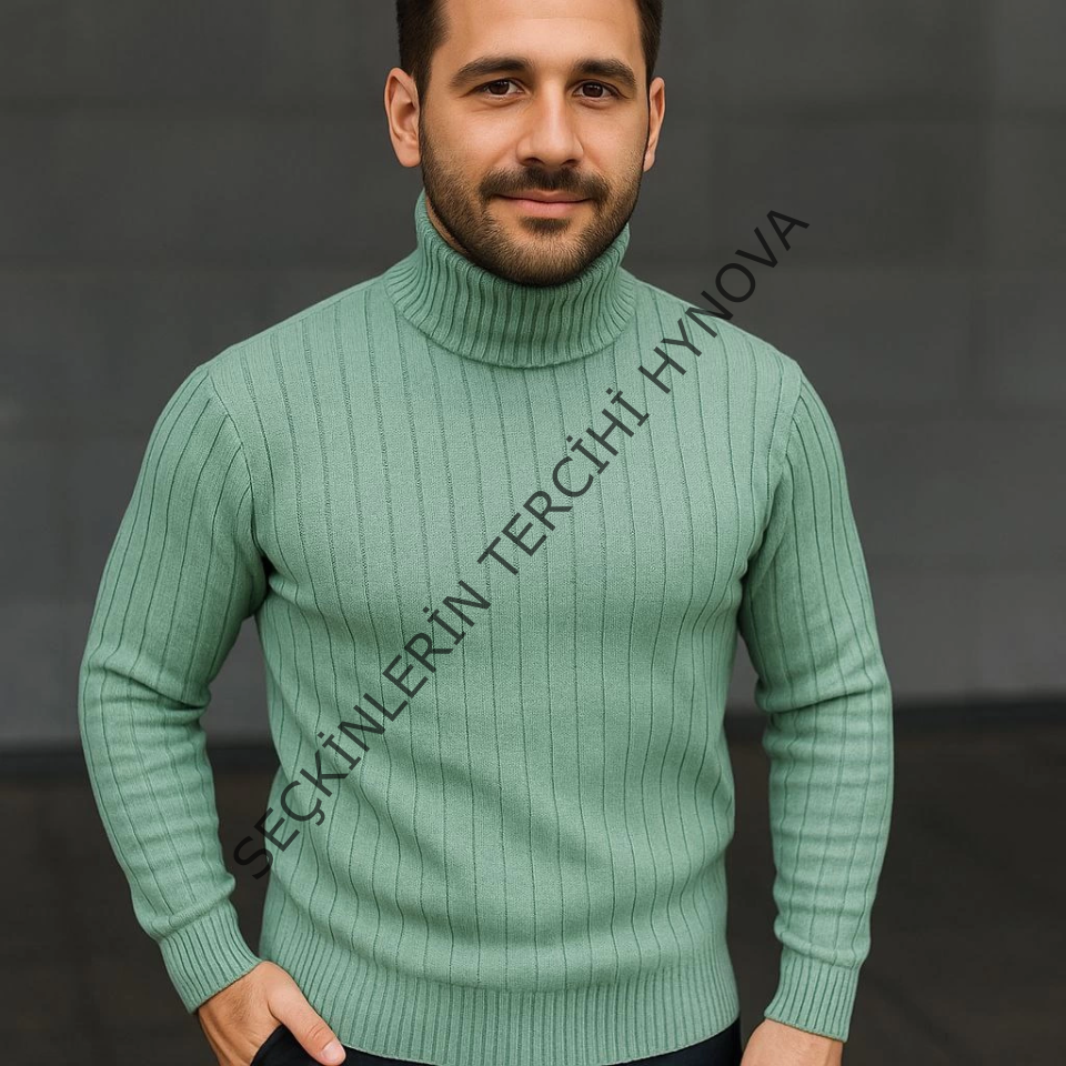 Erkek Balıkcı Yaka Bağazlı Triko Kazak Pamuklu Kalın Fitilli Dokuma, Regular Fit Uzun Kollu Kışlık Model - Mint Yeşili
