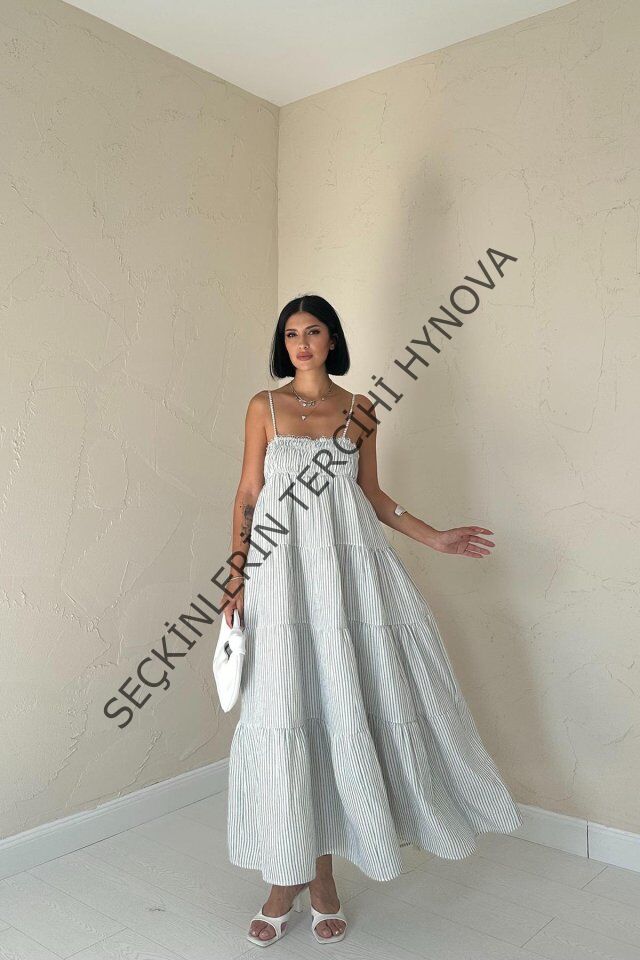 Mavi Askılı Parçalı Çizgili Müslin Elbise