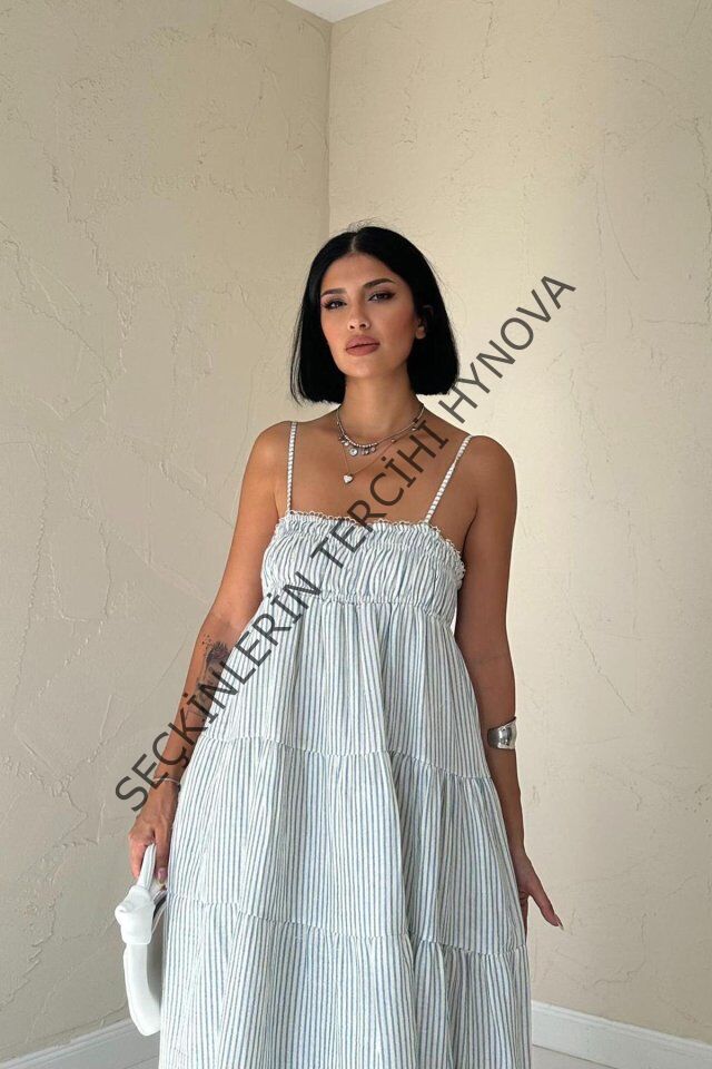 Mavi Askılı Parçalı Çizgili Müslin Elbise