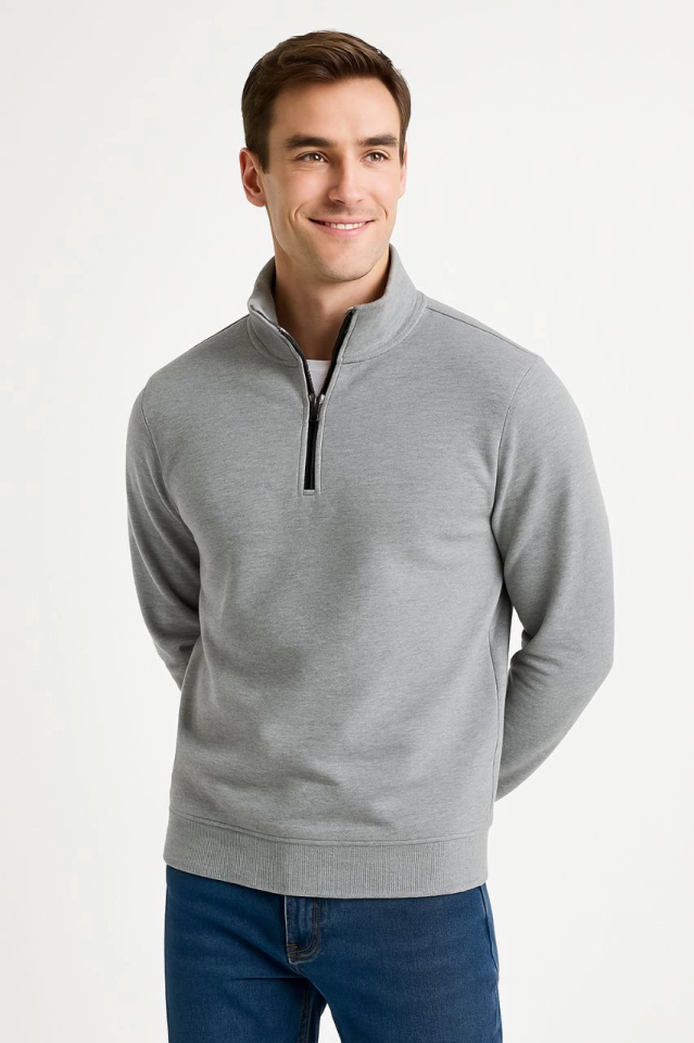 Erkek Dik Yaka Sweatshirt Dik Yaka Yarım Fermuarlı 3 İplik Şardonlu Pamuk Kumaş - Gri