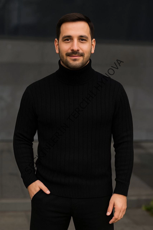 Erkek Balıkcı Yaka Bağazlı Triko Kazak Pamuklu Kalın Fitilli Dokuma, Regular Fit Uzun Kollu Kışlık Model - Siyah