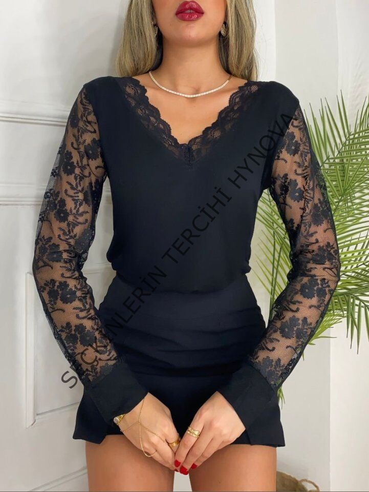 Kadın Uzun Kollu V Yakalı Dantel Detaylı Viskon Bluz