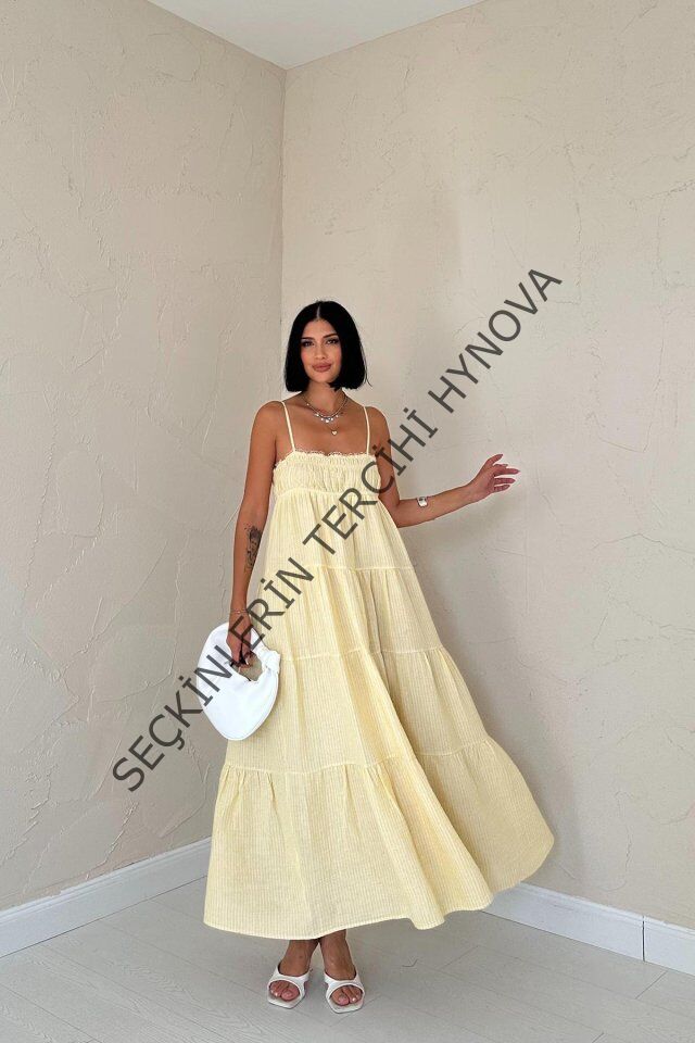 Sarı Askılı Parçalı Çizgili Müslin Elbise