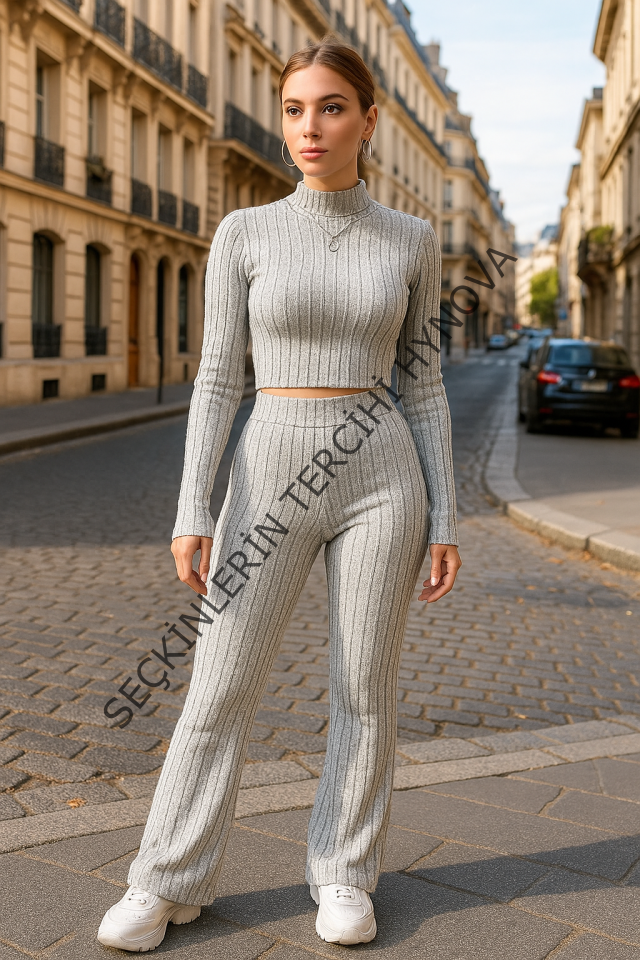 Kadın Uzun Kollu Balıkçı Yaka Krop Ve Pantolon şardonlu Kaşkorse Ikili Takım