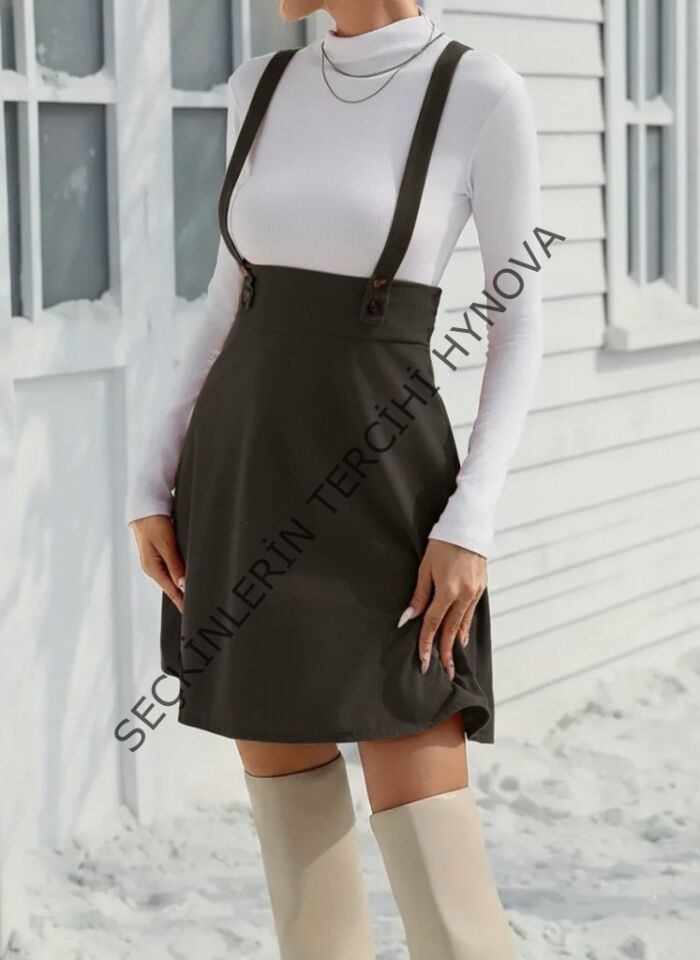 Kadın Askılı Düğmeli Mini Süet Elbise