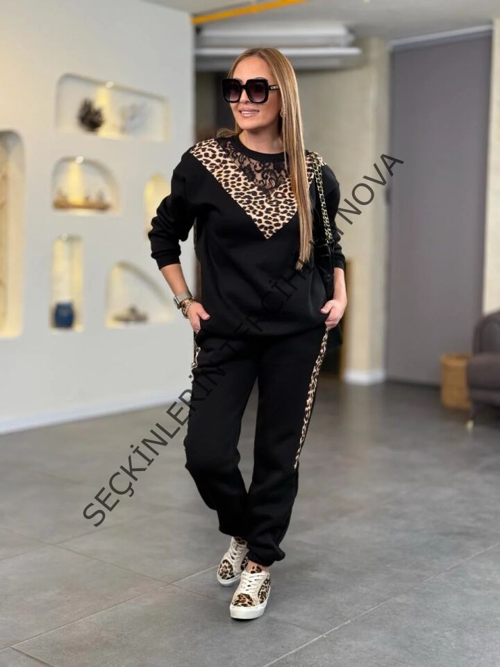 Kadın üç Iplik Kumaş Leopar Desenli Dantel Detaylı Ikili Takım