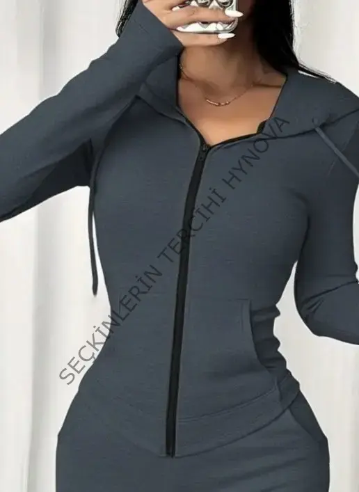 Kadın Uzun Kollu Kapşonlu Bağcıklı önü Fermuarlı Viskon Iki Iplik Bluz Ve Pantolon Ikili Takım