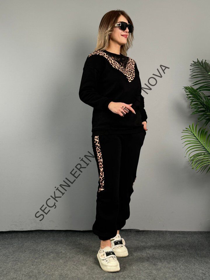 Kadın üç Iplik Kumaş Leopar Desenli Dantel Detaylı Ikili Takım