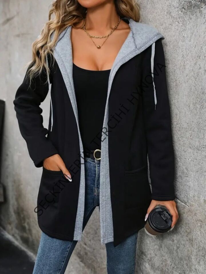 Kadın Uzun Kollu Kapşonlu çift Renkli şardonlu Iki Iplik Ceket