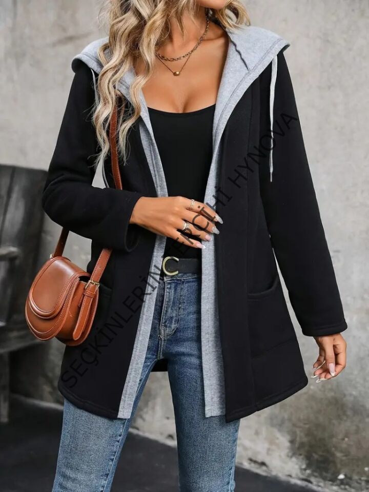 Kadın Uzun Kollu Kapşonlu çift Renkli şardonlu Iki Iplik Ceket