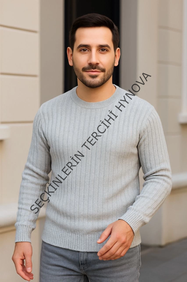 Erkek Bisiklet Yuvarlak Yaka Triko Kazak Pamuklu Kalın Fitilli Dokuma, Regular Fit Uzun Kollu Kışlık Model - Gri