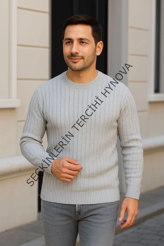 Erkek Bisiklet Yuvarlak Yaka Triko Kazak Pamuklu Kalın Fitilli Dokuma, Regular Fit Uzun Kollu Kışlık Model - Gri