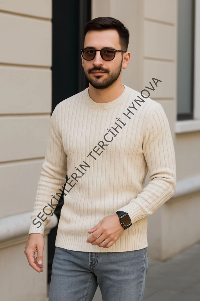 Erkek Bisiklet Yuvarlak Yaka Triko Kazak Pamuklu Kalın Fitilli Dokuma, Regular Fit Uzun Kollu Kışlık Model - Bej