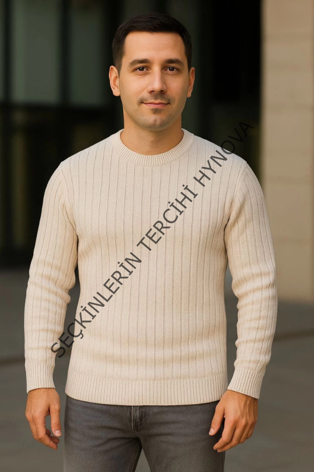 Erkek Bisiklet Yuvarlak Yaka Triko Kazak Pamuklu Kalın Fitilli Dokuma, Regular Fit Uzun Kollu Kışlık Model - Bej