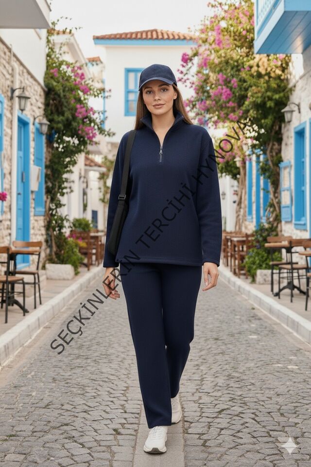 Kadın Balıkçı Yaka Fermuar Detay Polar Sweat Ve Pantolon Ikili Takım
