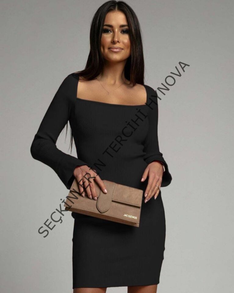 Kadın Uzun Kollu Kare Yaka Kol Ucu Ispanyol Triko Elbise