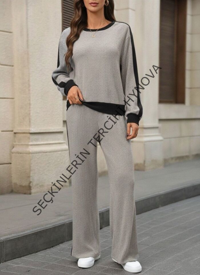 Kadın Uzun Kollu Bisiklet Yaka şardonlu Kaşkorse Bluz Ve Pantolon Ikili Takım