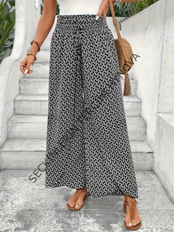 Kadın Yüksek Bel Lastikli önden Iki Parçalı Desenli Bürümcük Pantolon