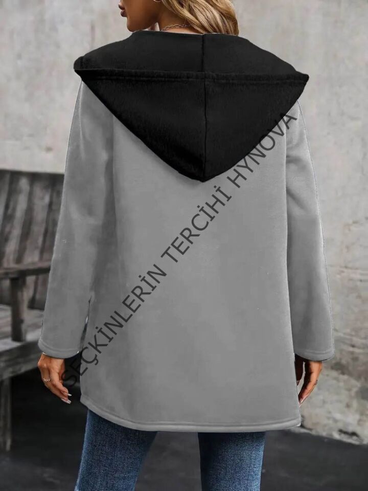 Kadın Uzun Kollu Kapşonlu çift Renkli şardonlu Iki Iplik Ceket