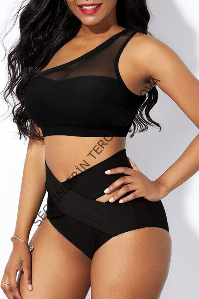 Kadın Siyah Yüksel Bel Tül Detaylı Sütyen Külot Takımı – Modern, Konforlu ve Günlük Kombinlere Uygun