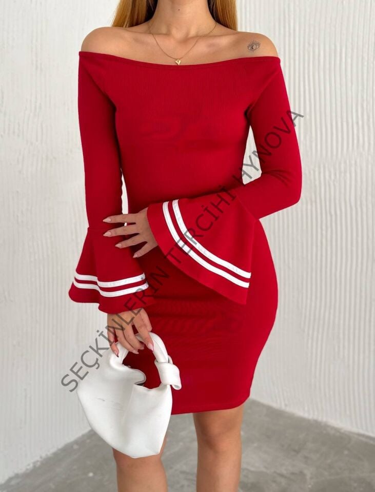 Kadın Akrilik Kumaş Ispanyol Kol Madonna Yaka Mini Elbise