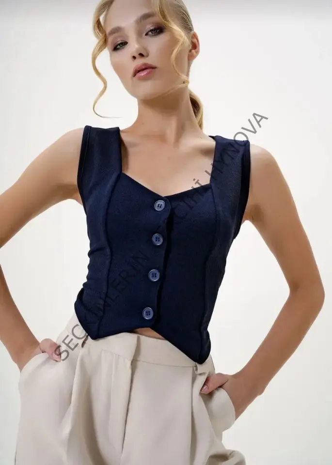 Krep kumaş düğmeli yelek lacivert s3395