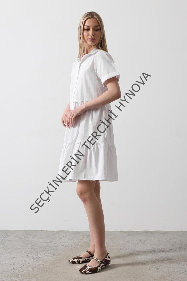 Kısa Kol Düğmeli Elbise - Beyaz
