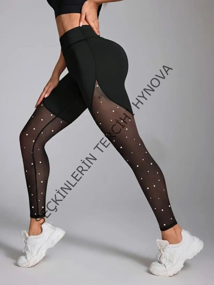 Kadın Yüksek Bel Asimetrik Kesim Detaylı Taşlı Tüllü Spor Dalgıç Tayt