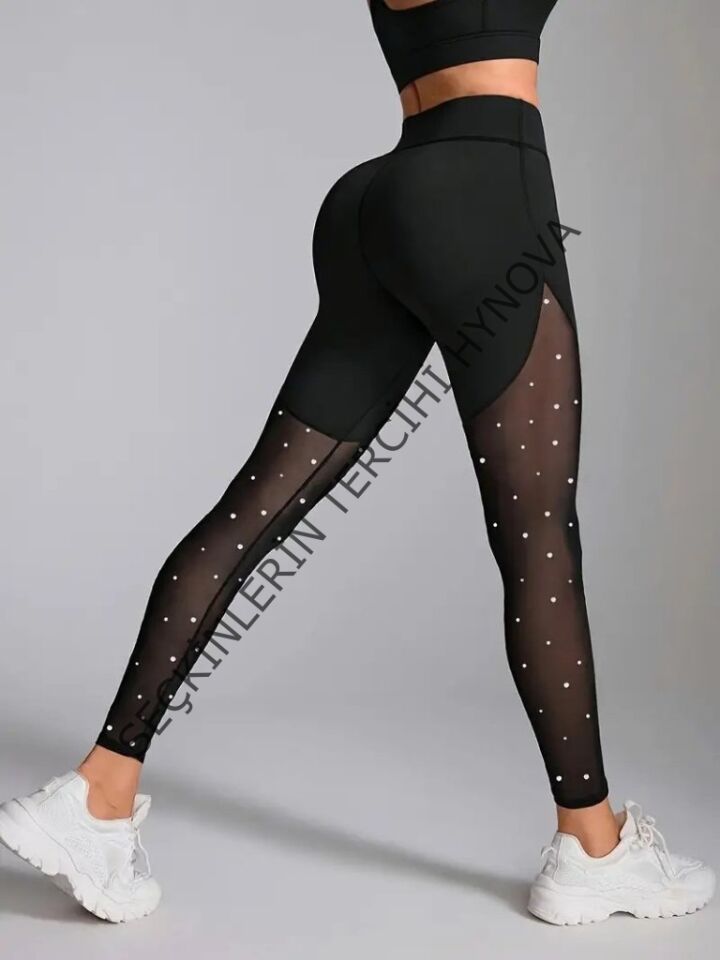 Kadın Yüksek Bel Asimetrik Kesim Detaylı Taşlı Tüllü Spor Dalgıç Tayt