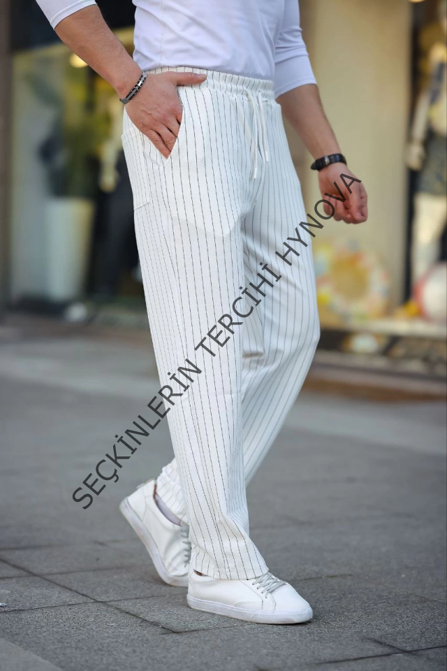 Erkek Cizgili Dokuma Krep Jogger Buggy Pantalon Rahat Kalıp - Beyaz