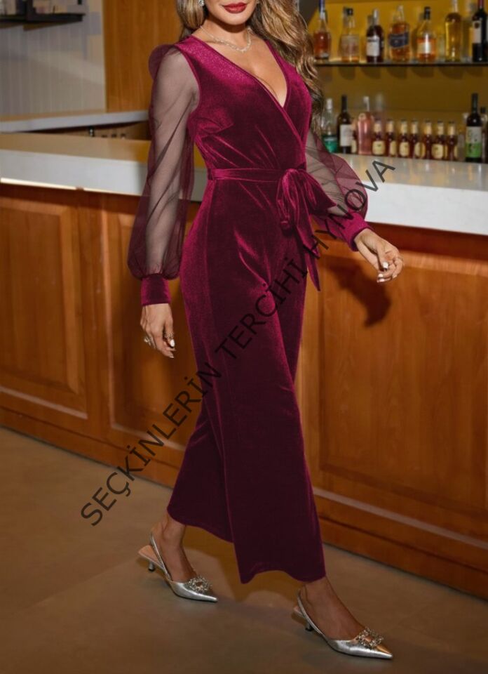 Kadın Uzun Kollu Kruvaze Yakalı Belden Kuşaklı Tül Detaylı Kadife Tulum