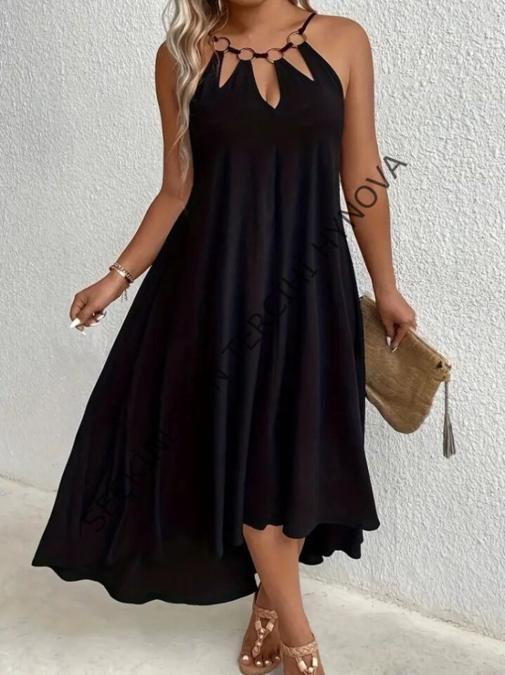 Kadın Boyundan Askılı Damla Detaylı Halkalı Asimetrik Kesim Viskon Elbise