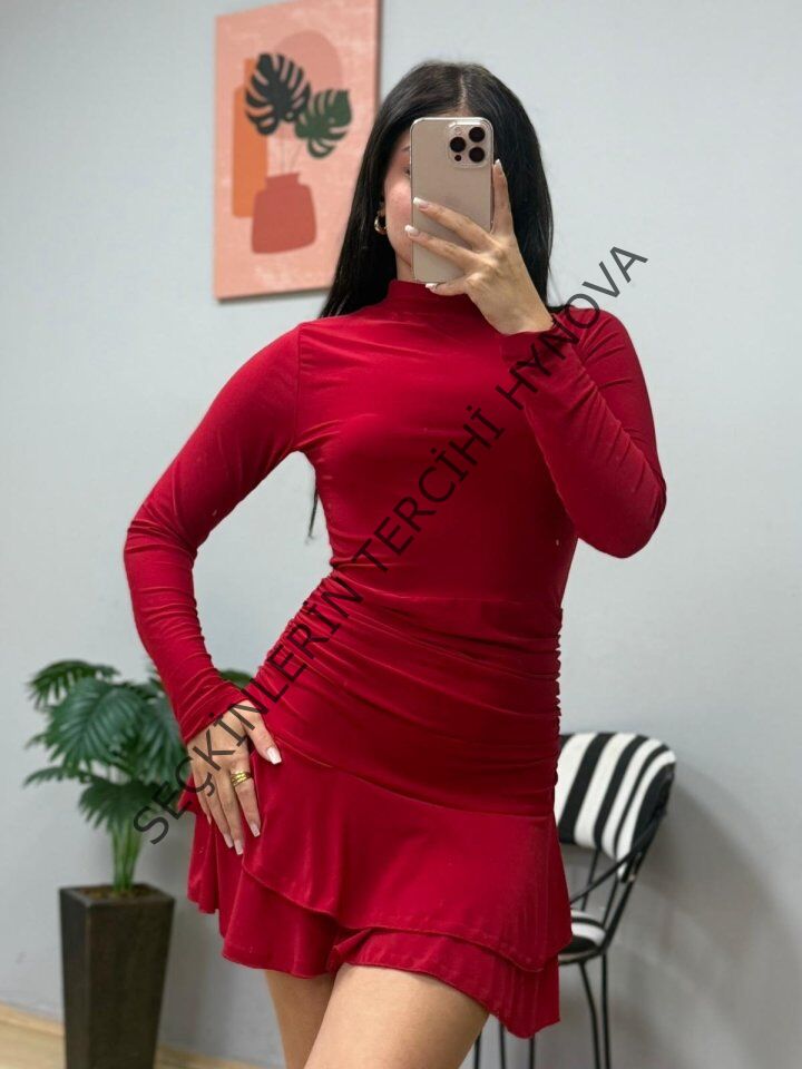 Kadın Uzun Kollu Balıkçı Yaka Mini Fırfırlı Sandy Elbise