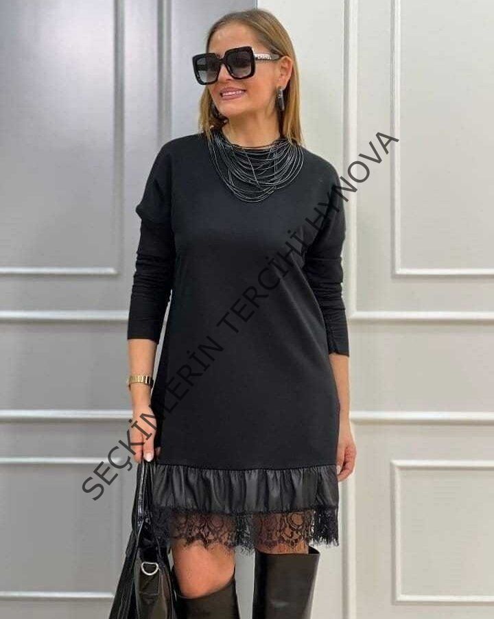 Kadın Uzun Kollu Bisiklet Yaka Etek Ucu Deri Ve Tül Detay Iki Iplik Mini Boy Elbise