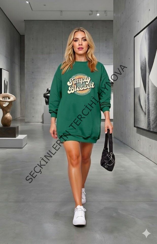 Kadın Uzun Kollu Bisiklet Yaka Yazılı Viskon Iki Iplik Elbise