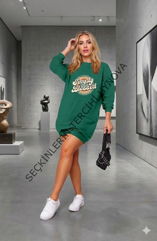 Kadın Uzun Kollu Bisiklet Yaka Yazılı Viskon Iki Iplik Elbise