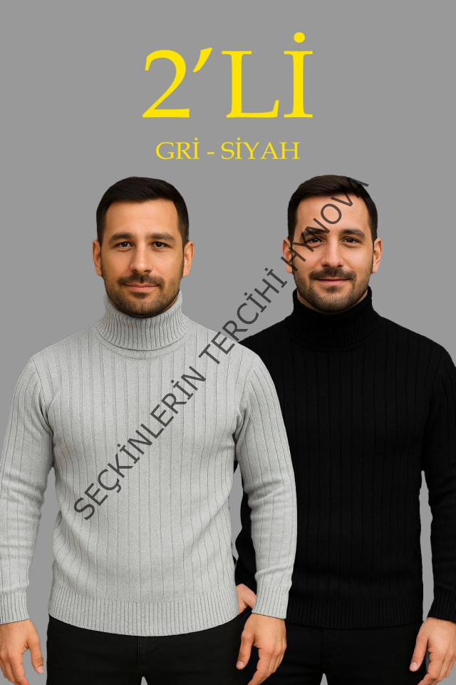 Erkek Fitilli Triko Kazak 2li Set Gri Siyah Regular Balıkcı Yaka Tam Boğazlı Triko Seti Modeli Kazak
