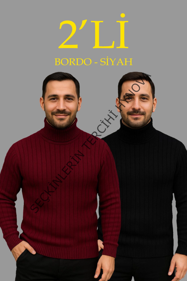 Erkek Fitilli Triko Kazak 2li Set Bordo Siyah Regular Balıkcı Yaka Tam Boğazlı Triko Seti Modeli Kazak