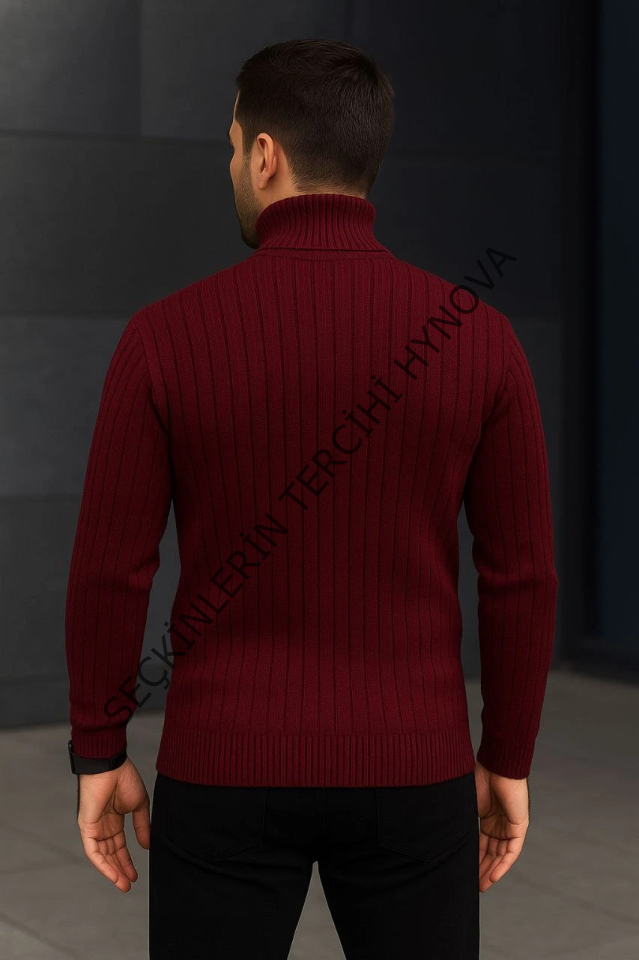 Erkek Fitilli Triko Kazak 2li Set Bordo Siyah Regular Balıkcı Yaka Tam Boğazlı Triko Seti Modeli Kazak