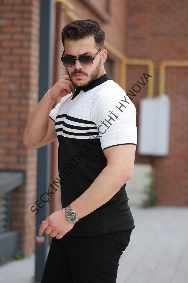 Erkek çizgi Desenli Yakalı Kısa Kollu T-shirt