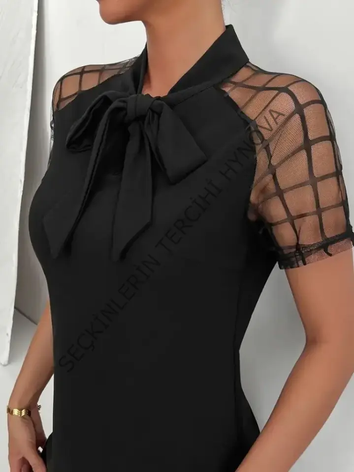 Kadın Kısa Kollu Boyundan Bağlamalı Omuzlarda Tül Detaylı Janjan Krep Elbise