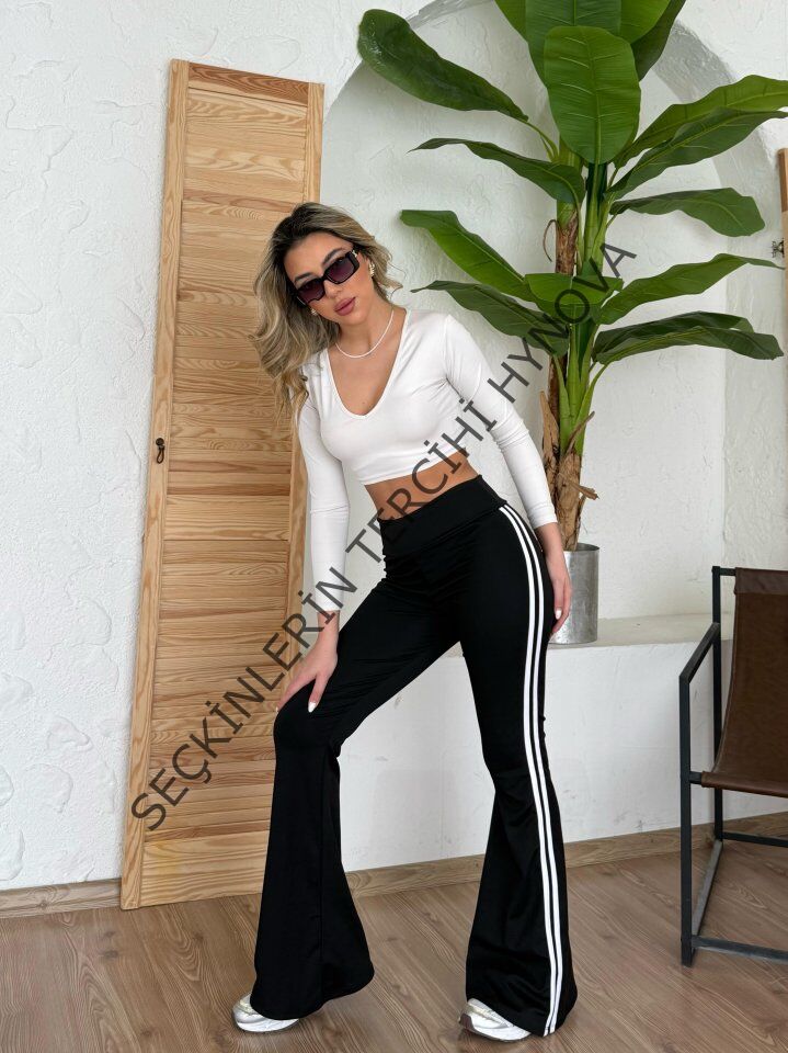 Kadın Yüksek Bel şerit Detaylı Ispanyol Paçalı Dalgıç Pantolon
