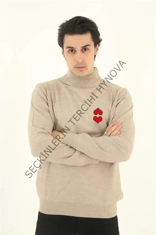 Unisex Yarım Boğazlı Baskılı Dokuma Triko - Bej