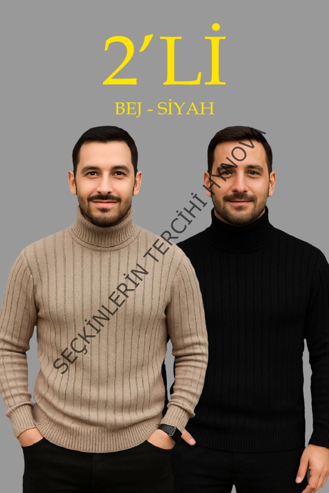 Erkek Fitilli Triko Kazak 2li Set Bej Siyah Regular Balıkcı Yaka Tam Boğazlı Triko Seti Modeli Kazak