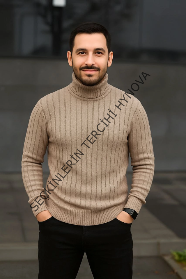 Erkek Fitilli Triko Kazak 2li Set Bej Siyah Regular Balıkcı Yaka Tam Boğazlı Triko Seti Modeli Kazak