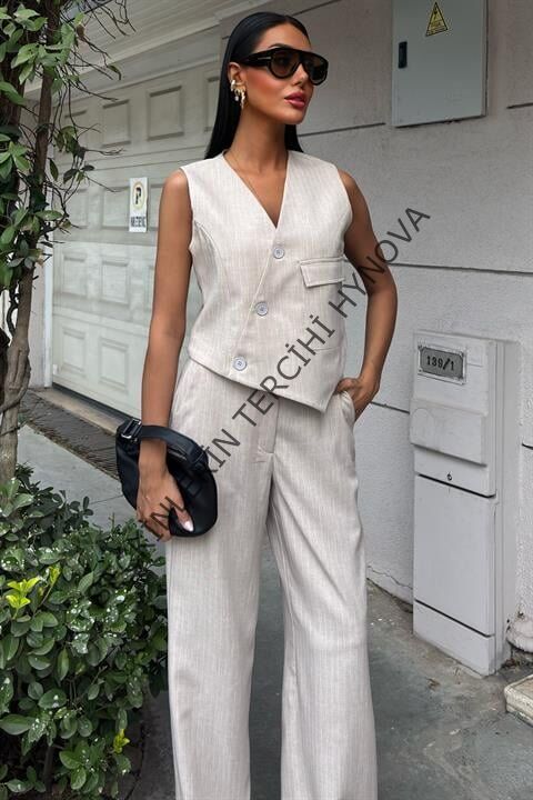 Yeleği Çapraz Detay Düğmeli Cepli Yelekli Takım 10150