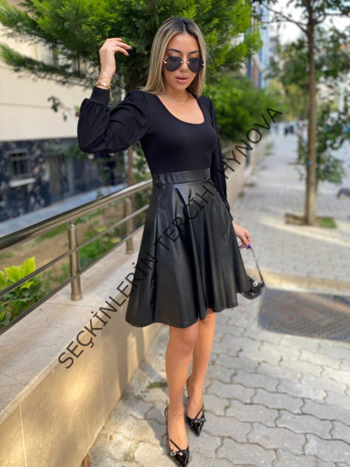 Kadın Uzun Kollu üst Viskon Alt Kloş Deri Elbise