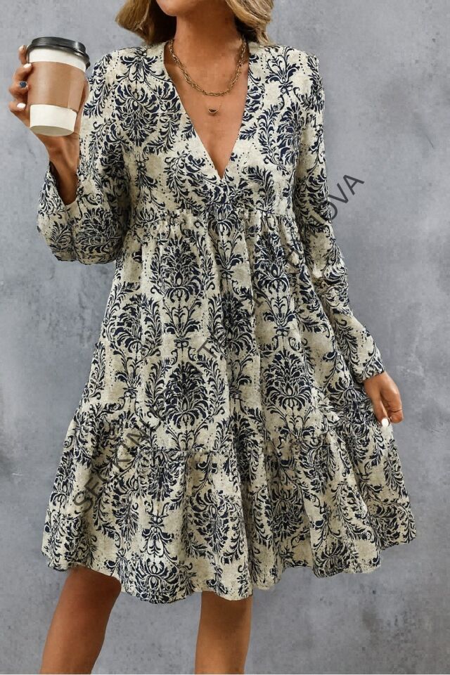 Kadın Uzun Kollu V Yakalı Fırfırlı Mini Süprem Elbise